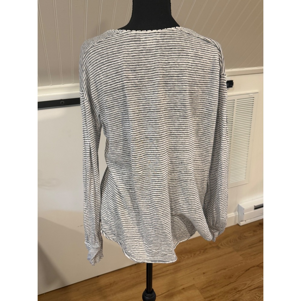 Sundance Med Blue White Striped Linen Long Sleeve Top Crochet Coastal Nautical - Picture 2 of 6